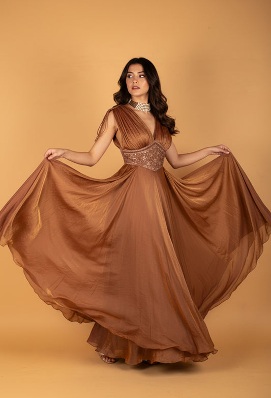Bronze Brown Embellished V-Neck Layered Gown