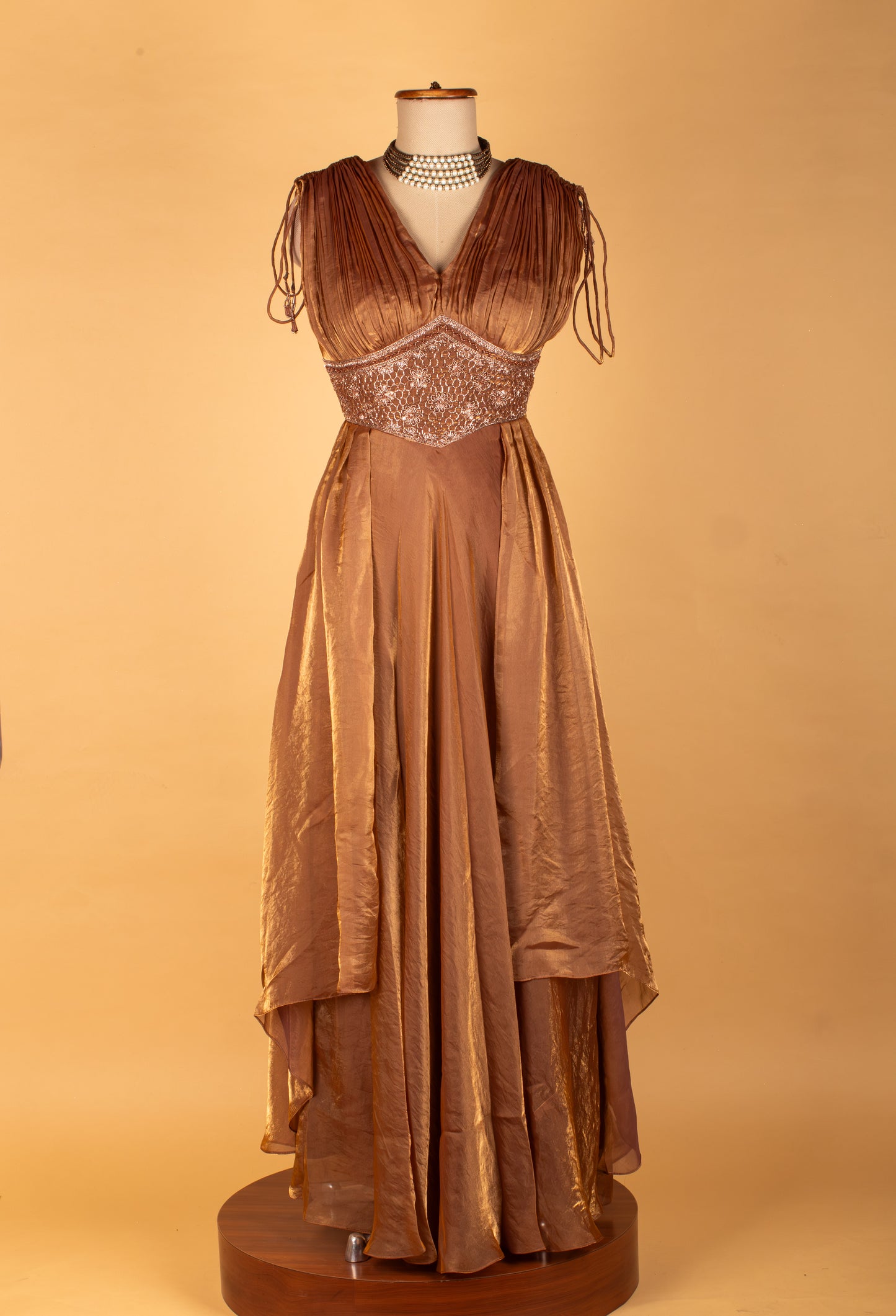 Bronze Brown Embellished V-Neck Layered Gown