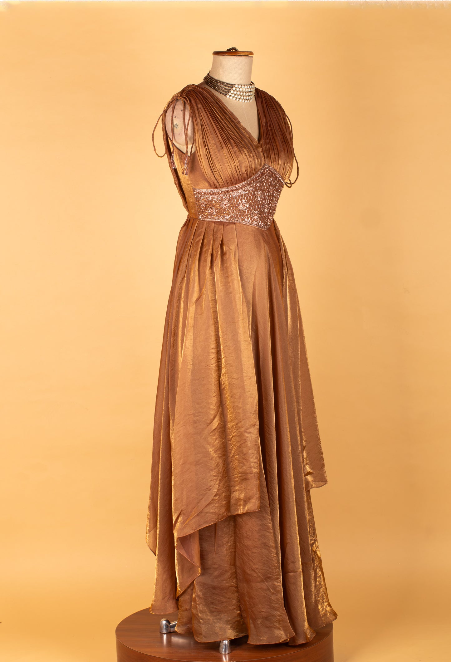 Bronze Brown Embellished V-Neck Layered Gown