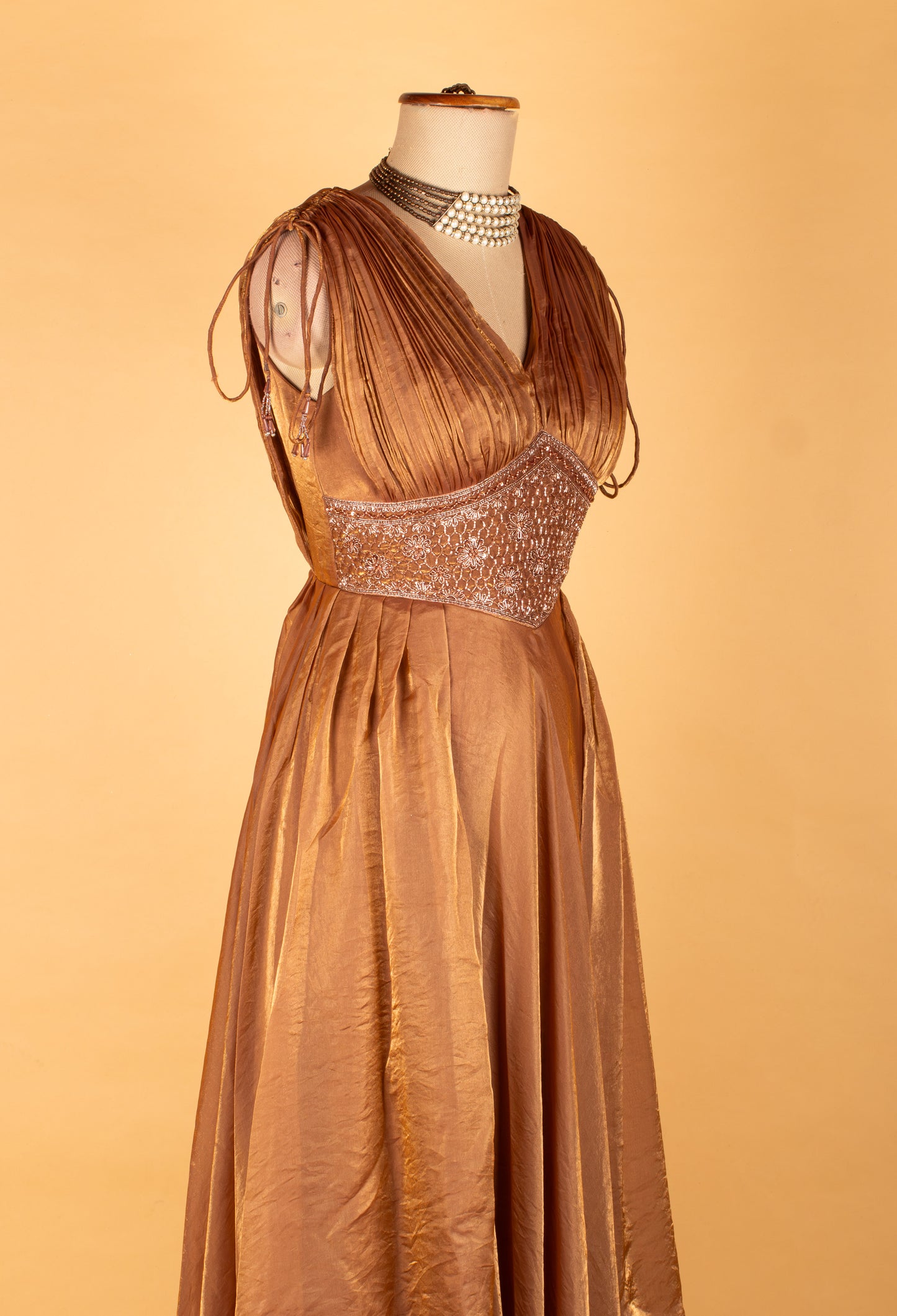 Bronze Brown Embellished V-Neck Layered Gown