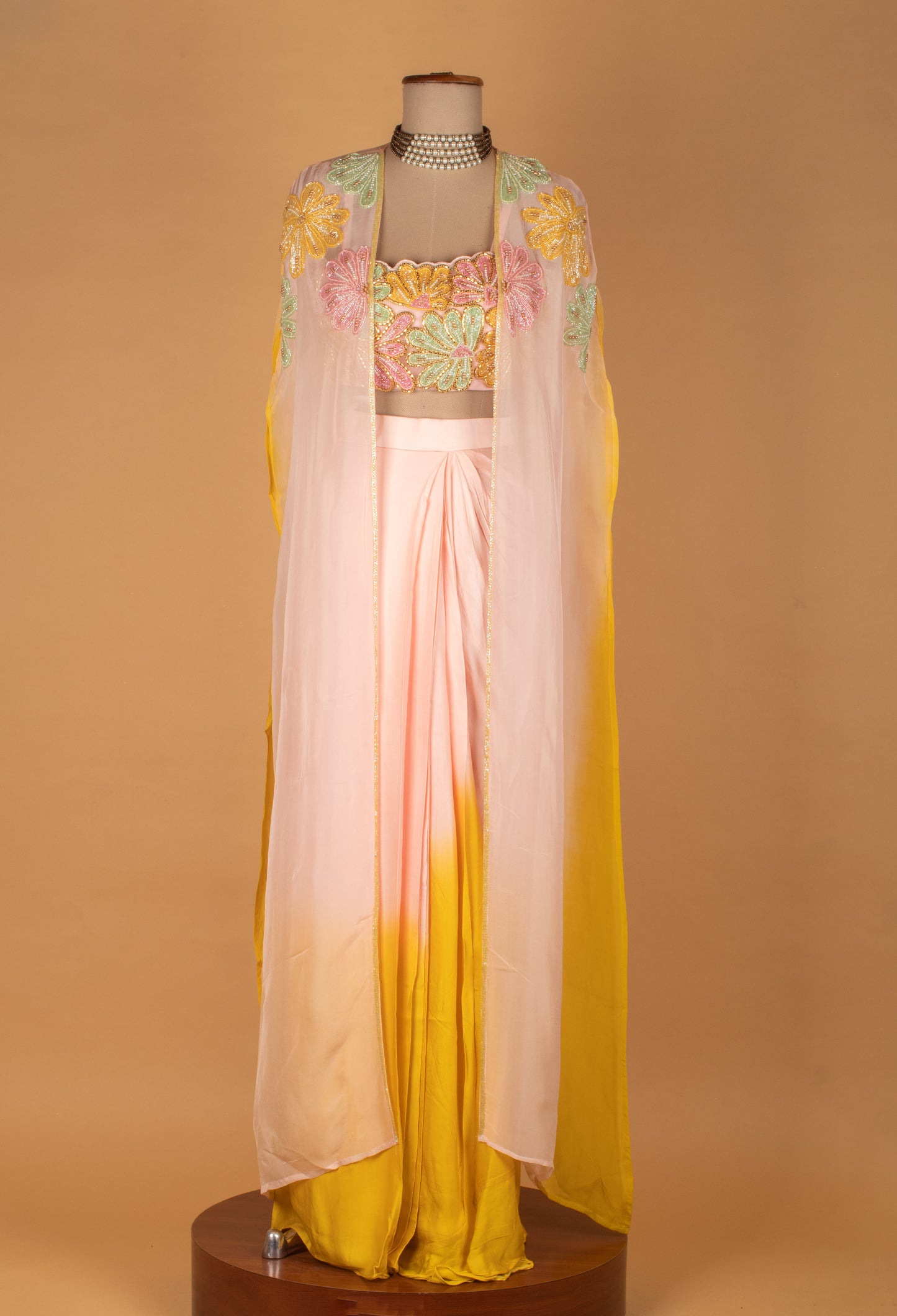 Pastel Floral Embroidered Crop Top Palazzo Set with Cape Dupatta