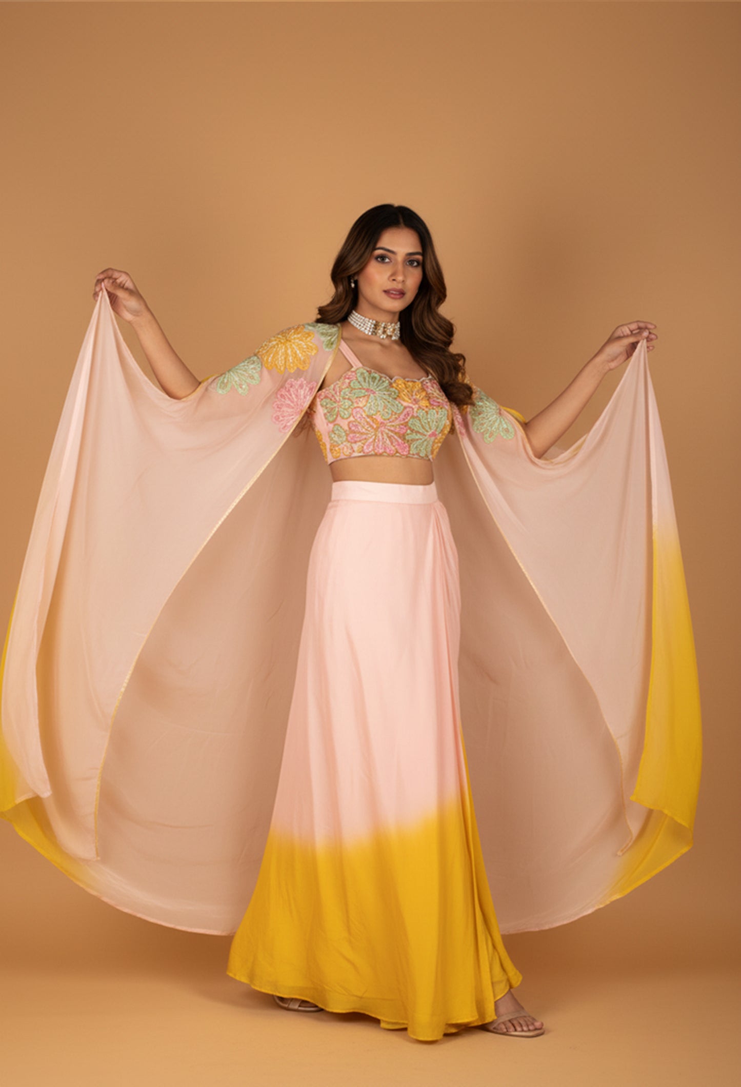 Pastel Floral Embroidered Crop Top Palazzo Set with Cape Dupatta