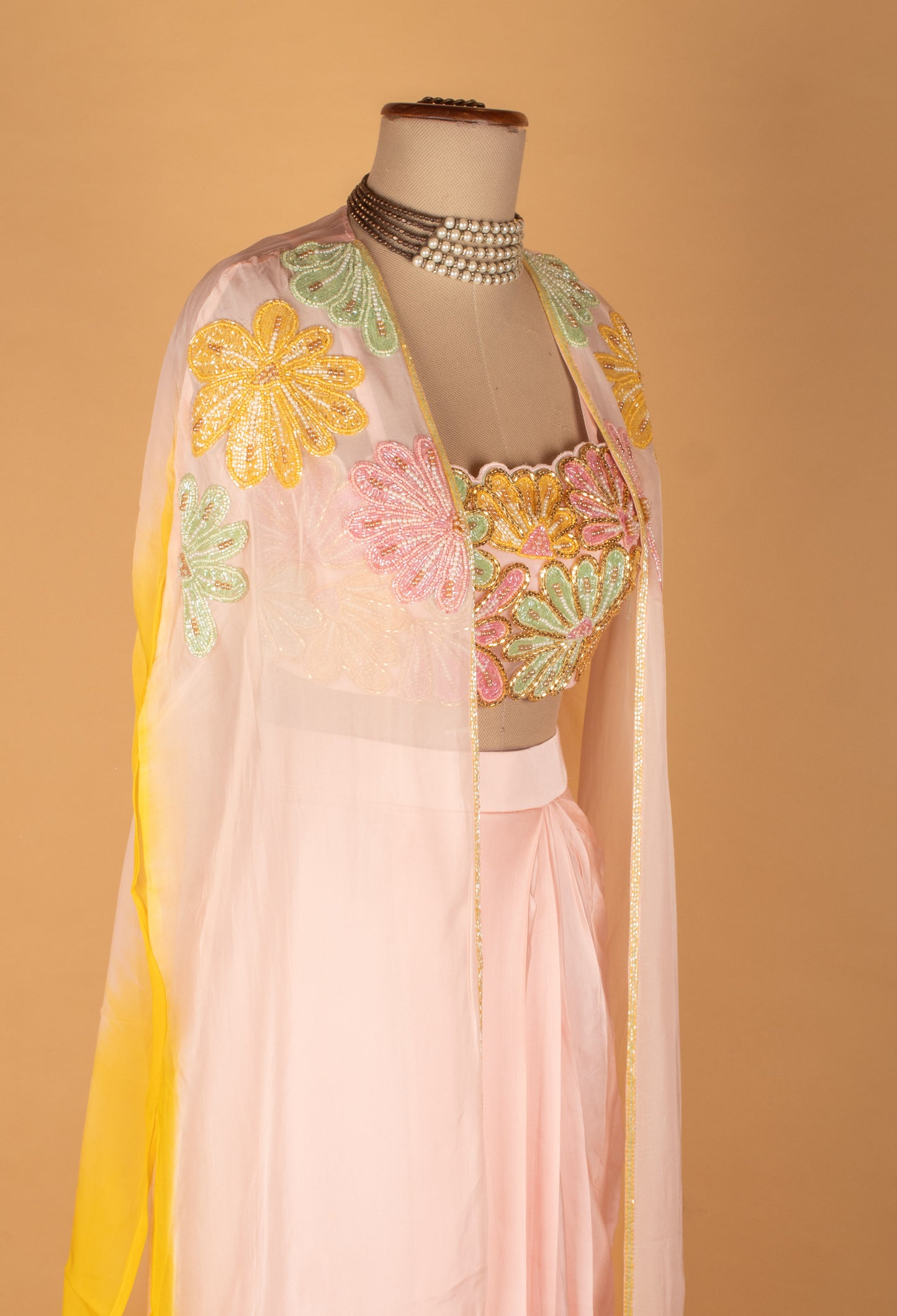 Pastel Floral Embroidered Crop Top Palazzo Set with Cape Dupatta
