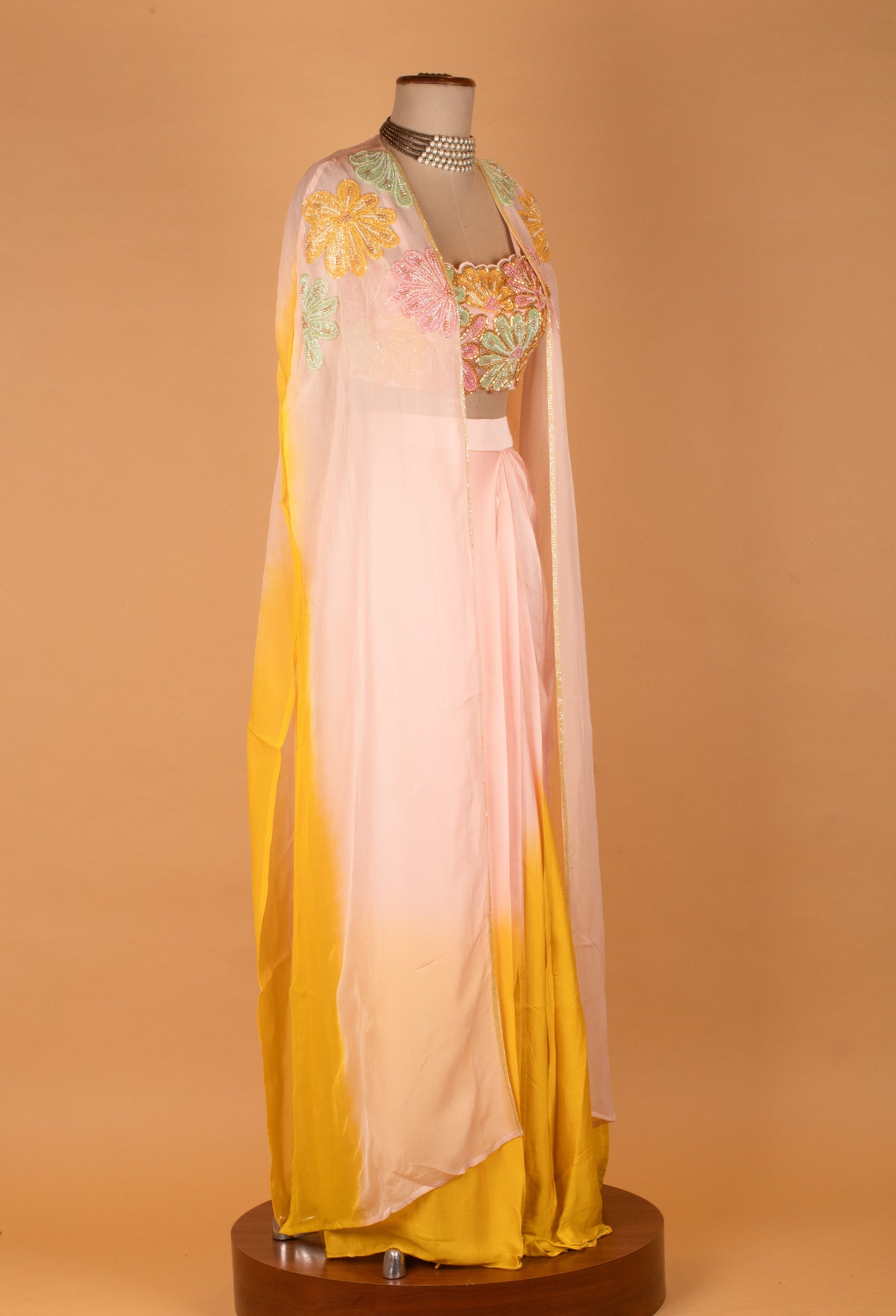 Pastel Floral Embroidered Crop Top Palazzo Set with Cape Dupatta