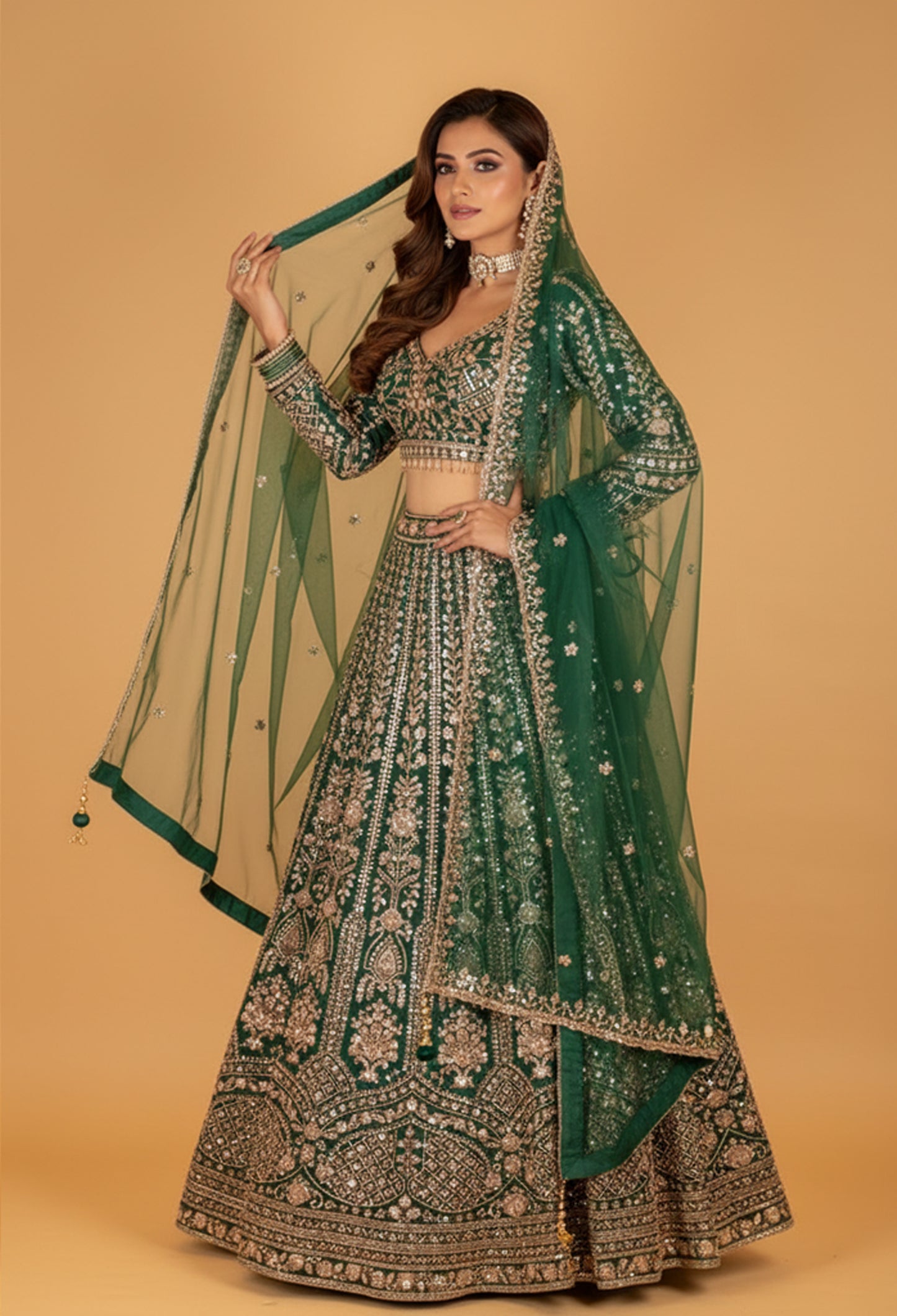 Emerald Green Heavy Embroidered Crop Top Lehenga Set with Net Dupatta