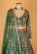 Emerald Green Heavy Embroidered Crop Top Lehenga Set with Net Dupatta