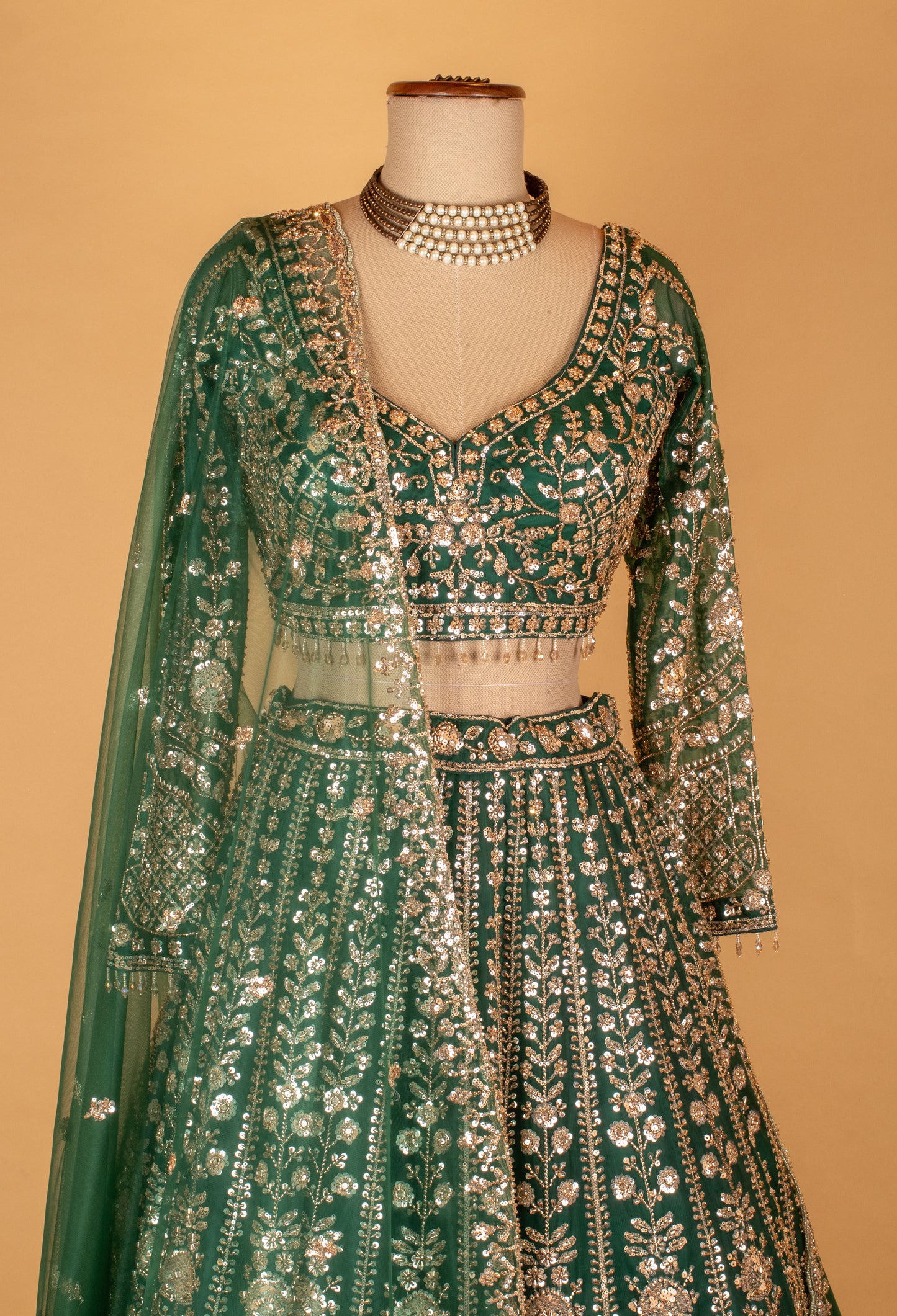 Emerald Green Heavy Embroidered Crop Top Lehenga Set with Net Dupatta