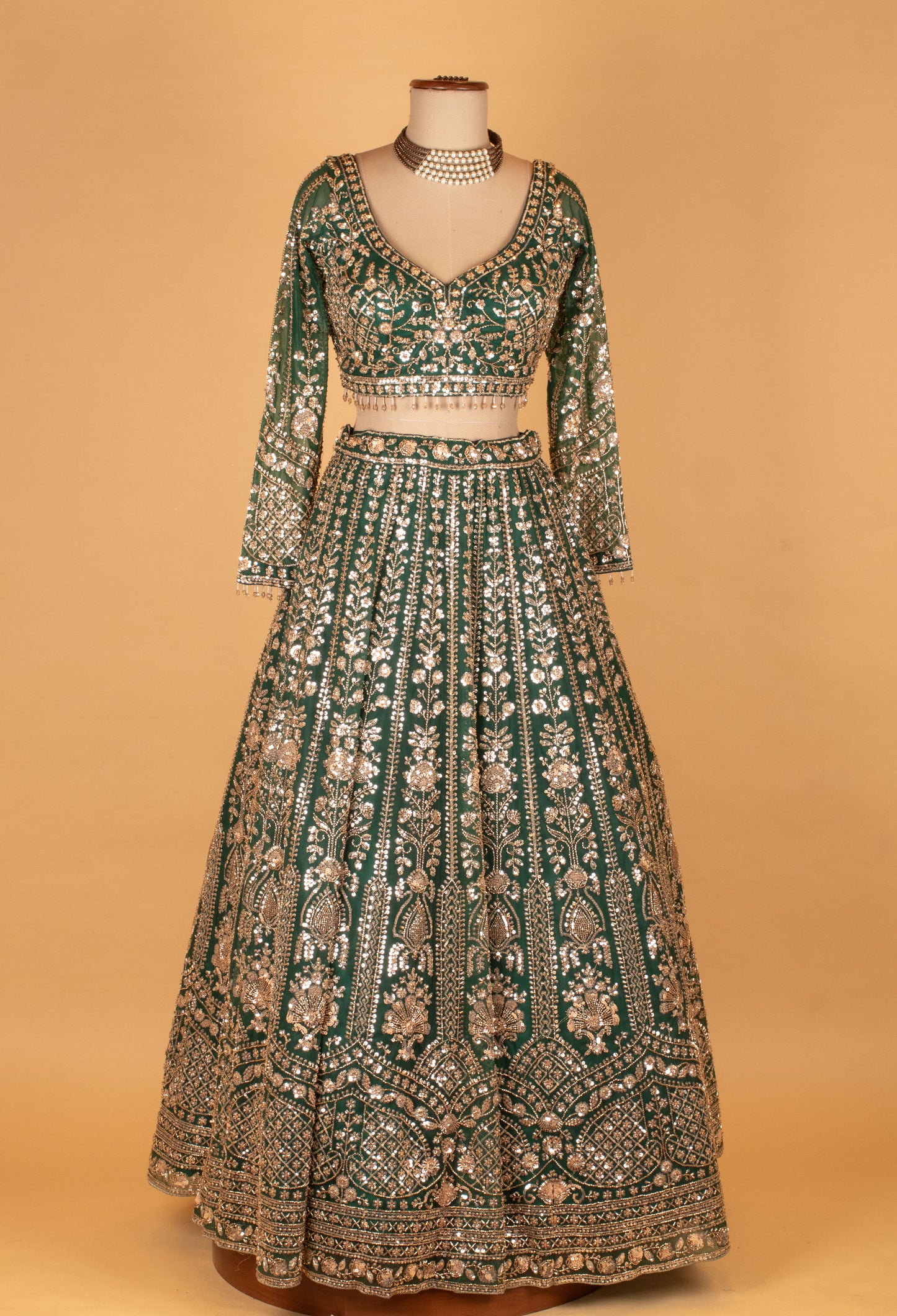 Emerald Green Heavy Embroidered Crop Top Lehenga Set with Net Dupatta