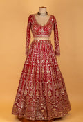 Bridal Red Heavy Embroidered Crop Top Lehenga Set with Net Dupatta