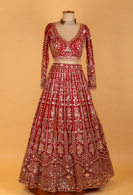 Bridal red heavy embroidered lehenga set with net dupatta – product image 2