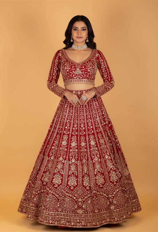 Bridal Red Heavy Embroidered Crop Top Lehenga Set with Net Dupatta