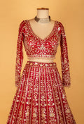 Bridal Red Heavy Embroidered Crop Top Lehenga Set with Net Dupatta