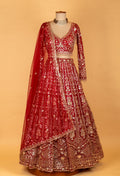 Bridal Red Heavy Embroidered Crop Top Lehenga Set with Net Dupatta