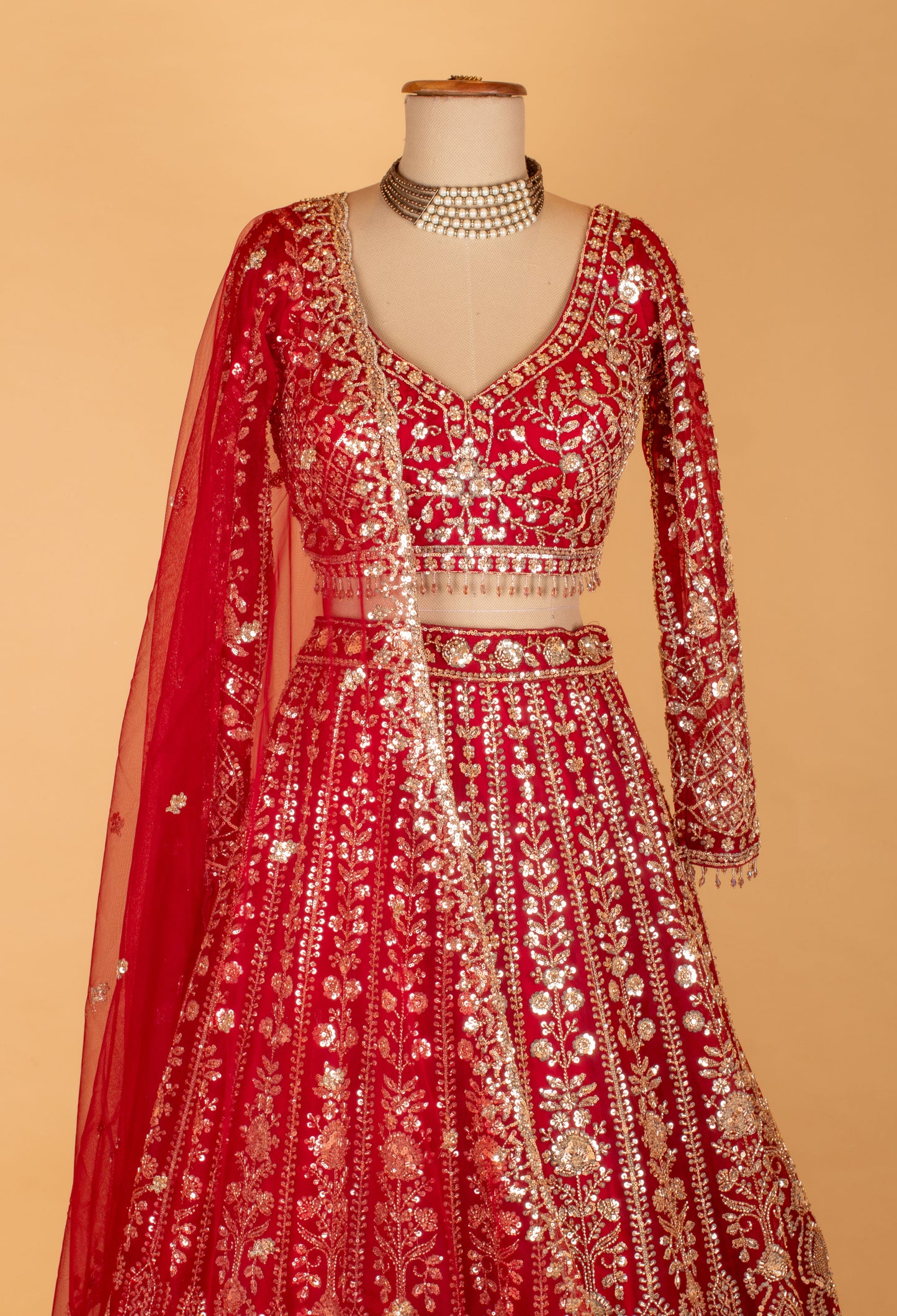 Bridal Red Heavy Embroidered Crop Top Lehenga Set with Net Dupatta