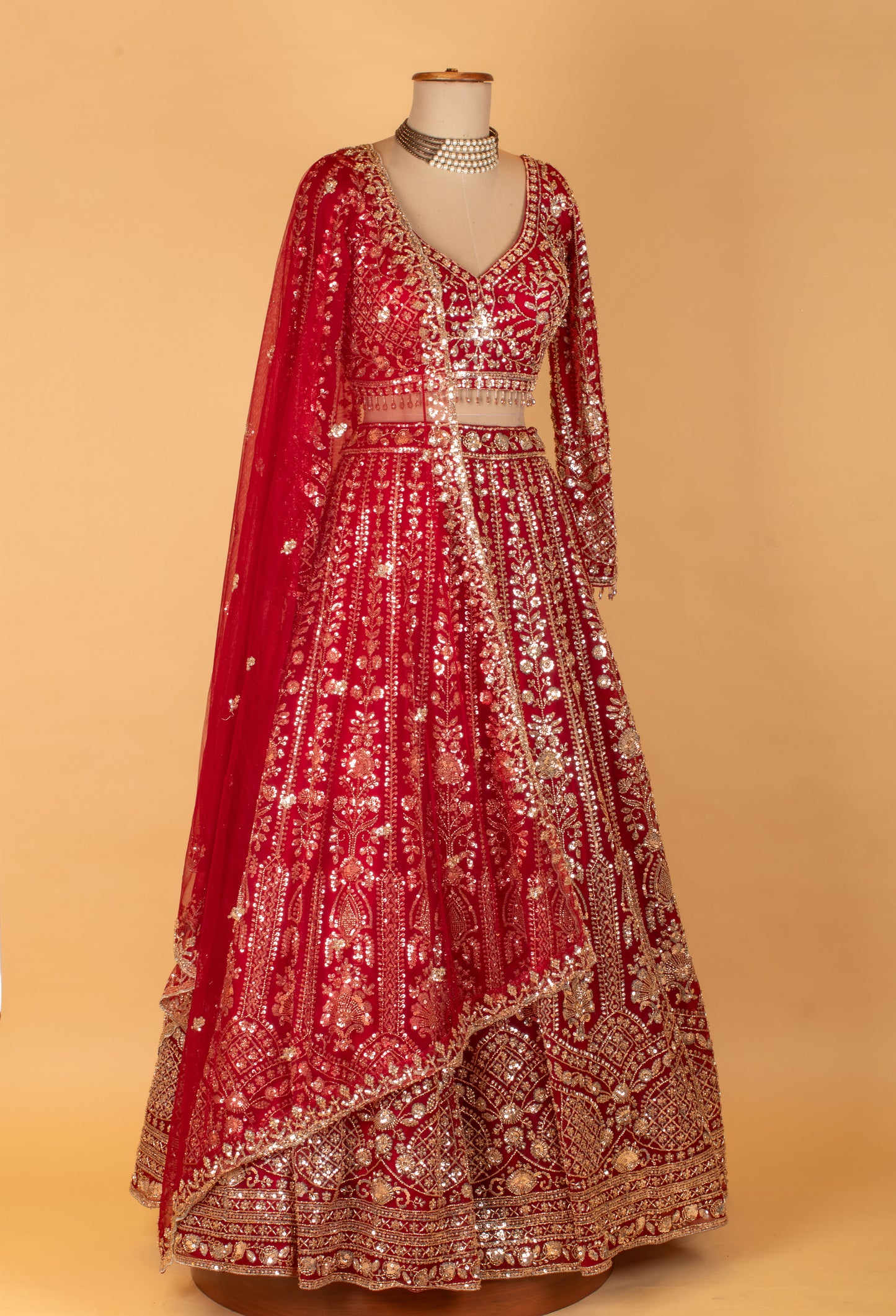 Bridal Red Heavy Embroidered Crop Top Lehenga Set with Net Dupatta