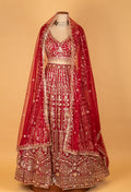 Bridal Red Heavy Embroidered Crop Top Lehenga Set with Net Dupatta