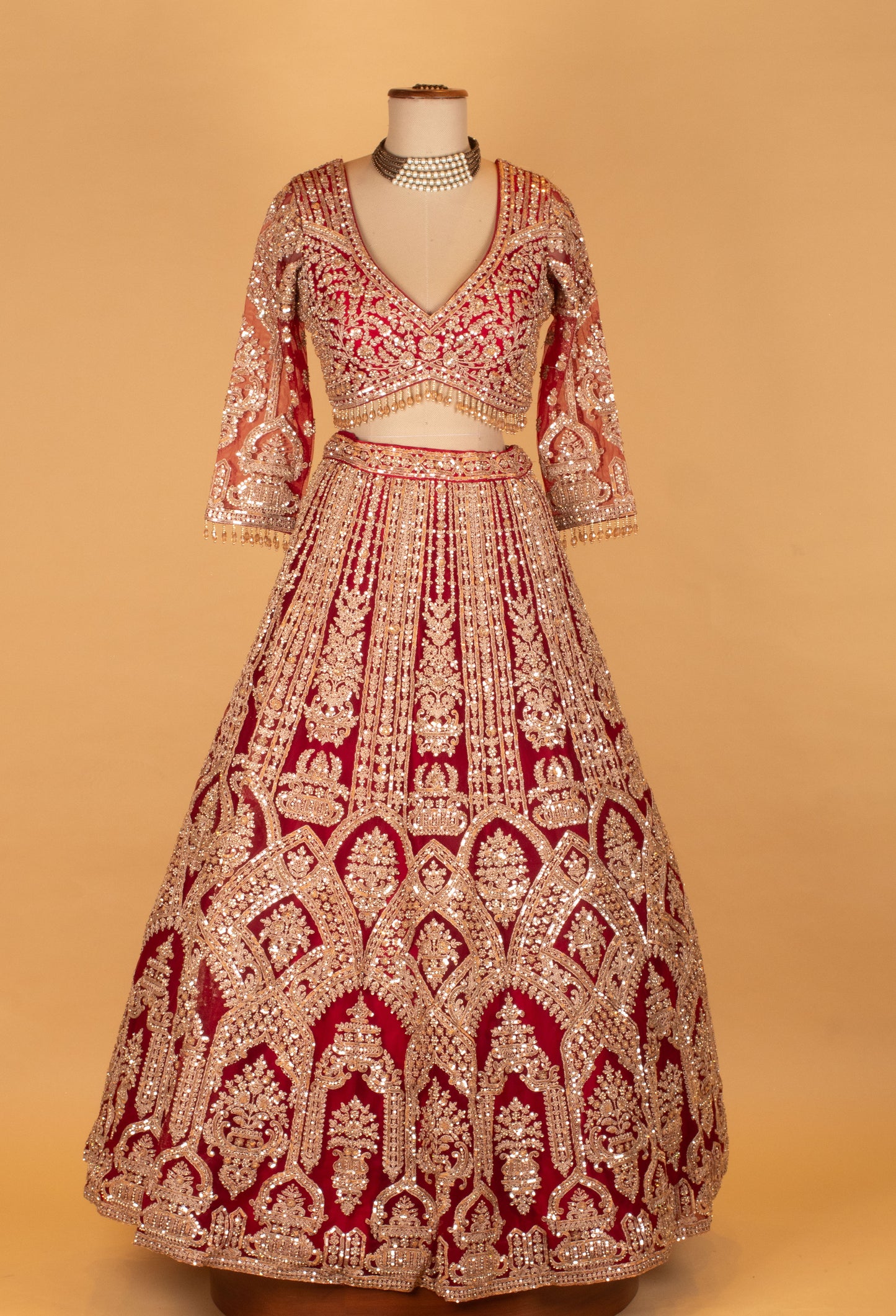 Bridal Red Heavy Embroidered Crop Top Lehenga Set with Net Dupatta