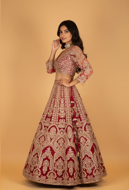 Bridal Red Heavy Embroidered Crop Top Lehenga Set with Net Dupatta