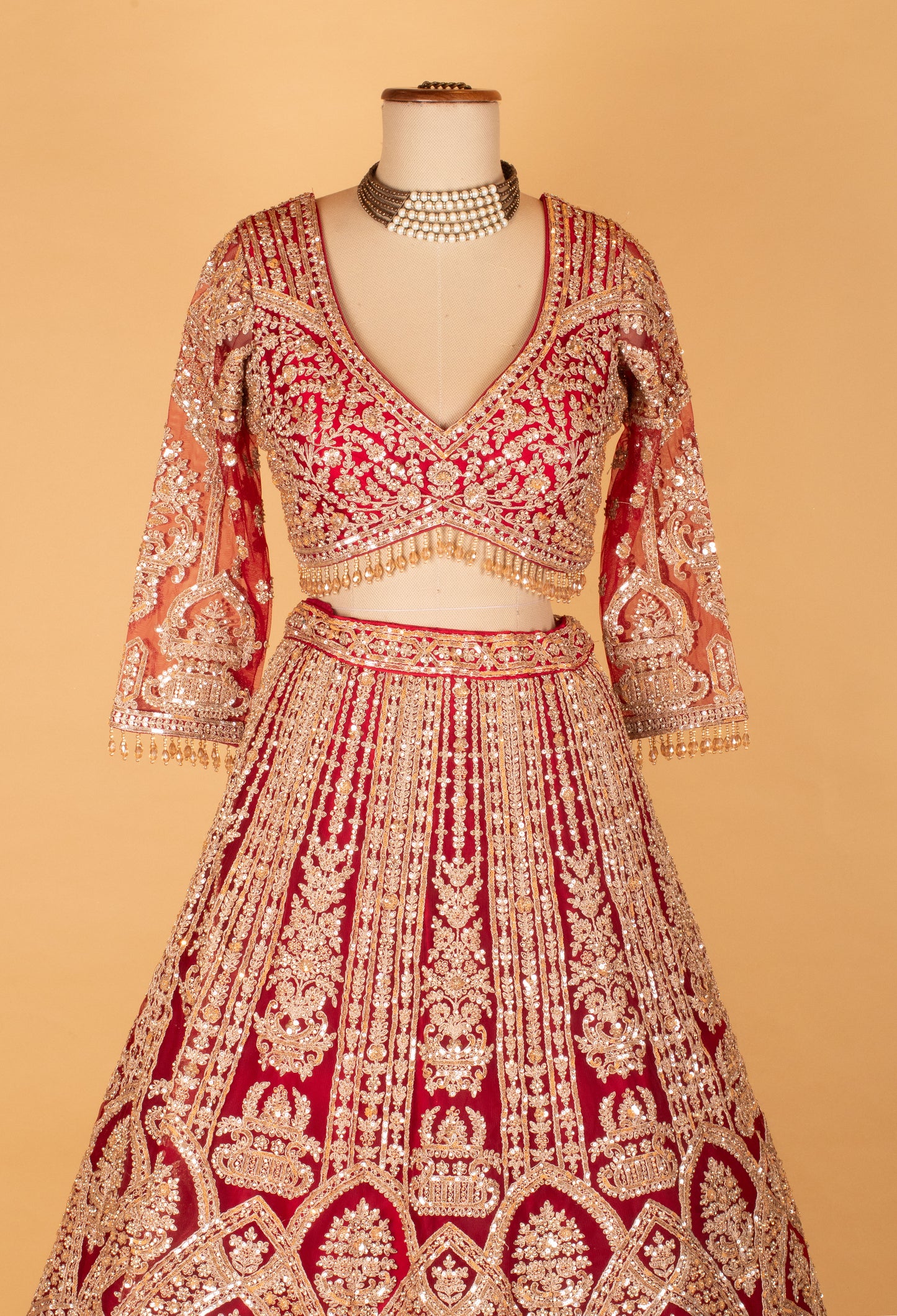 Bridal Red Heavy Embroidered Crop Top Lehenga Set with Net Dupatta