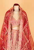 Bridal Red Heavy Embroidered Crop Top Lehenga Set with Net Dupatta
