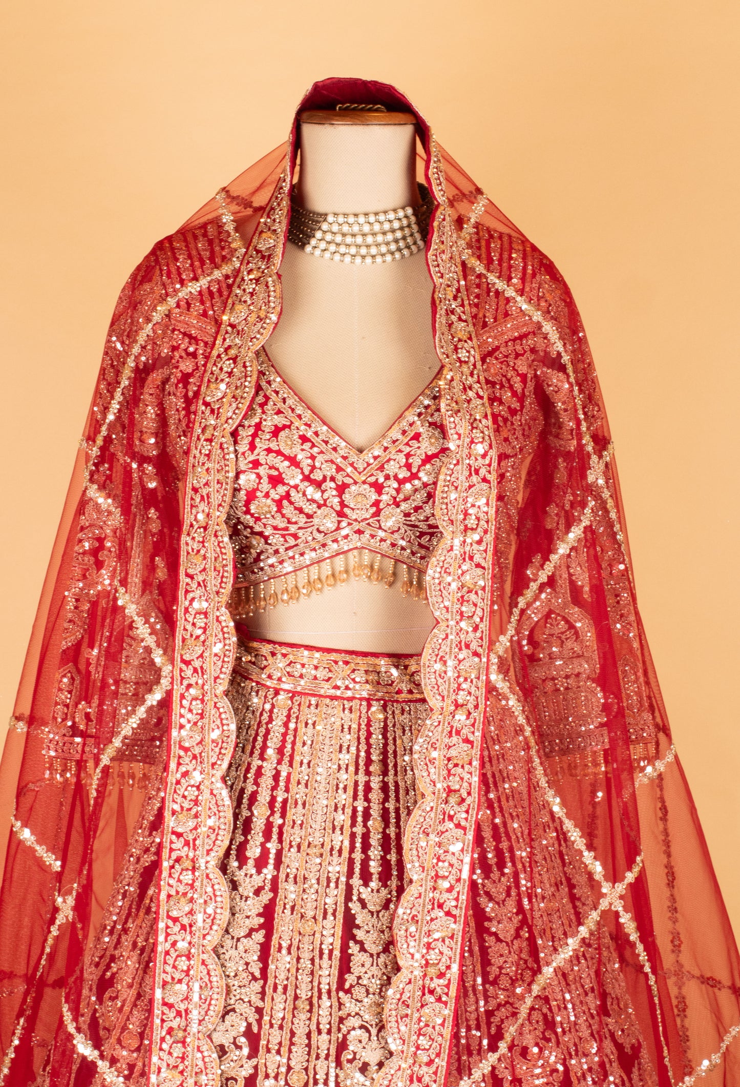 Bridal Red Heavy Embroidered Crop Top Lehenga Set with Net Dupatta