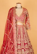 Bridal Red Heavy Embroidered Crop Top Lehenga Set with Net Dupatta