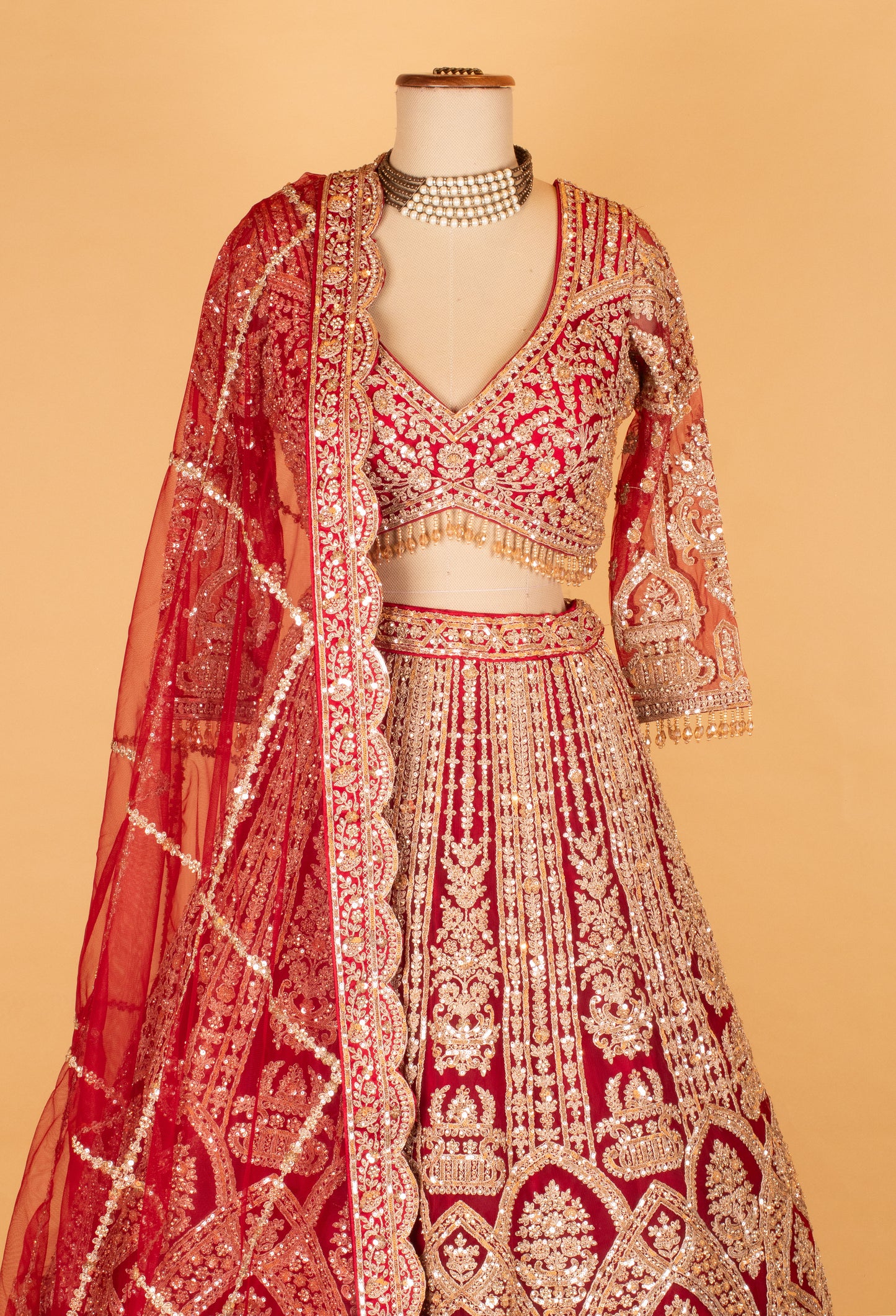 Bridal Red Heavy Embroidered Crop Top Lehenga Set with Net Dupatta