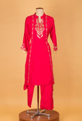 Hot Pink Embroidered Kurta Pant Set with Chiffon Dupatta