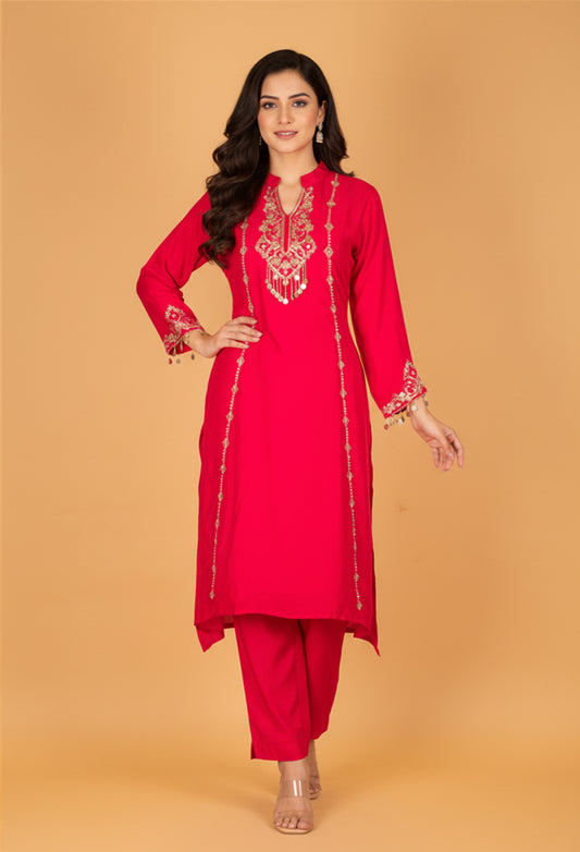 Hot Pink Embroidered Kurta Pant Set with Chiffon Dupatta
