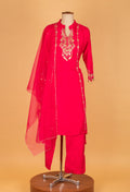 Hot Pink Embroidered Kurta Pant Set with Chiffon Dupatta