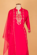 Hot Pink Embroidered Kurta Pant Set with Chiffon Dupatta