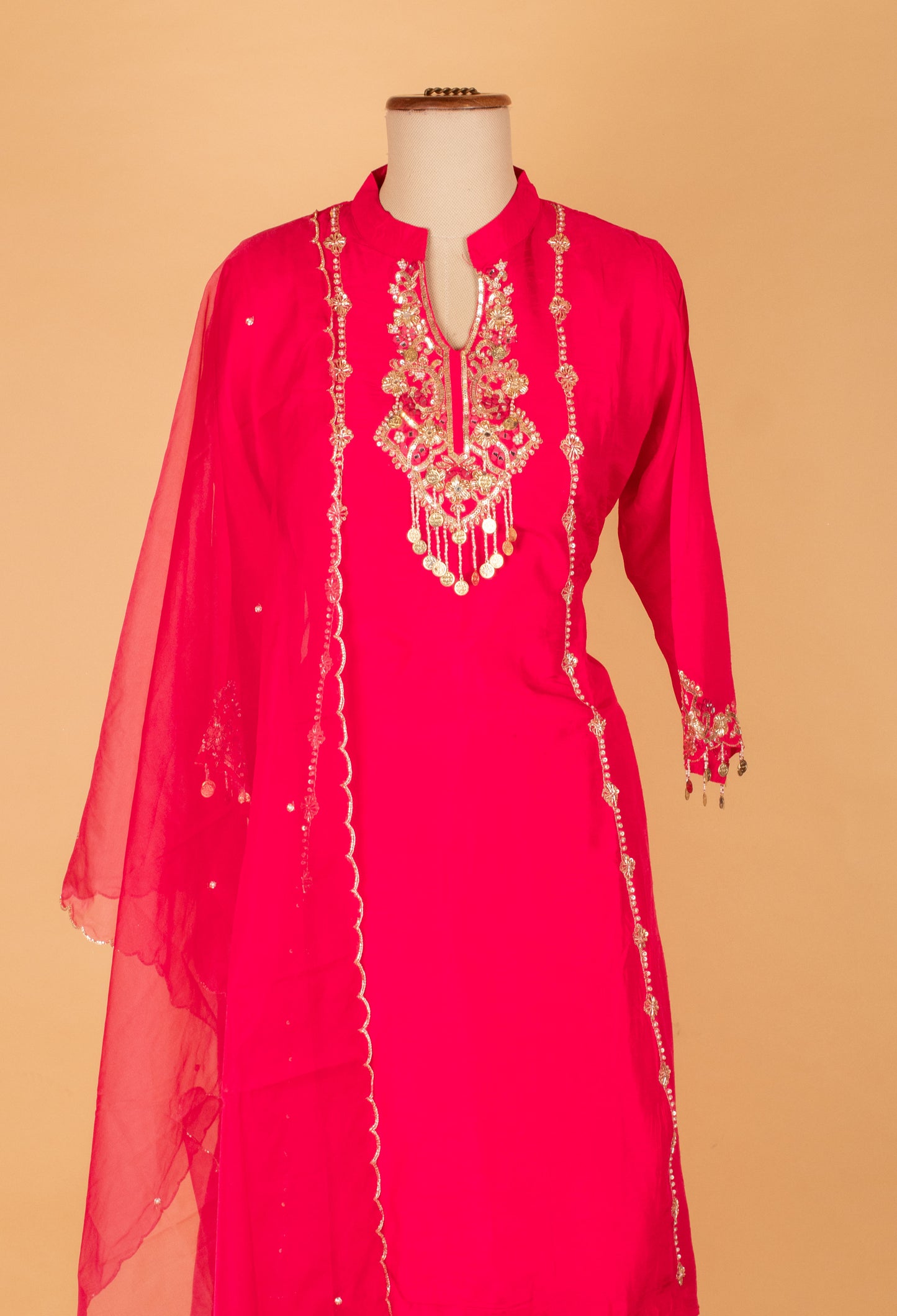 Hot Pink Embroidered Kurta Pant Set with Chiffon Dupatta