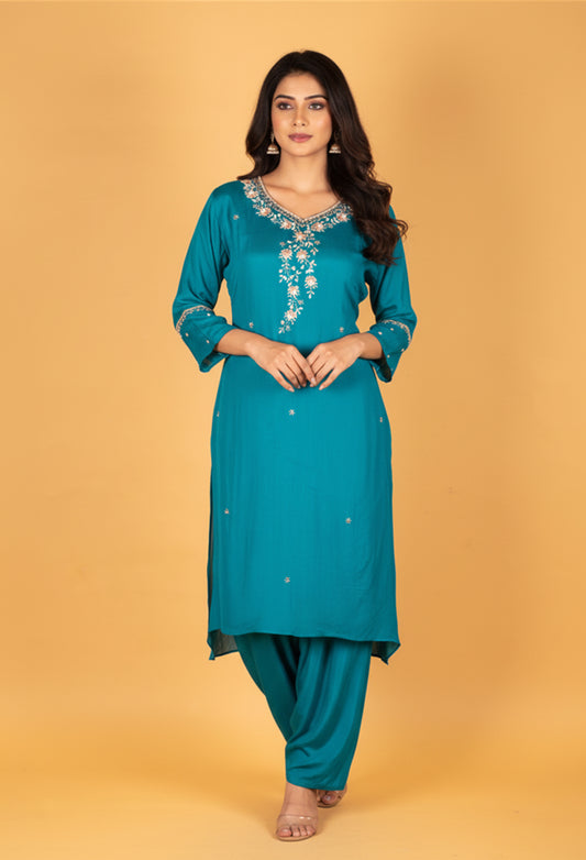 Teal Blue Floral Printed Kurta Pant Set with Embroidered Neckline & Dupatta