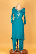 Teal Blue Floral Printed Kurta Pant Set with Embroidered Neckline & Dupatta