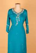 Teal Blue Floral Printed Kurta Pant Set with Embroidered Neckline & Dupatta