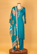 Teal Blue Floral Printed Kurta Pant Set with Embroidered Neckline & Dupatta
