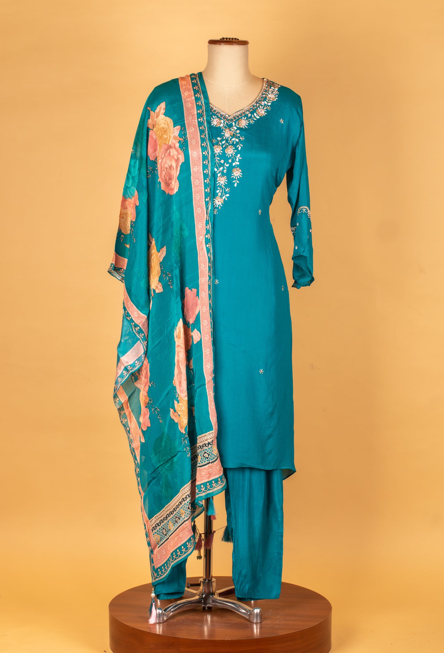 Teal Blue Floral Printed Kurta Pant Set with Embroidered Neckline & Dupatta