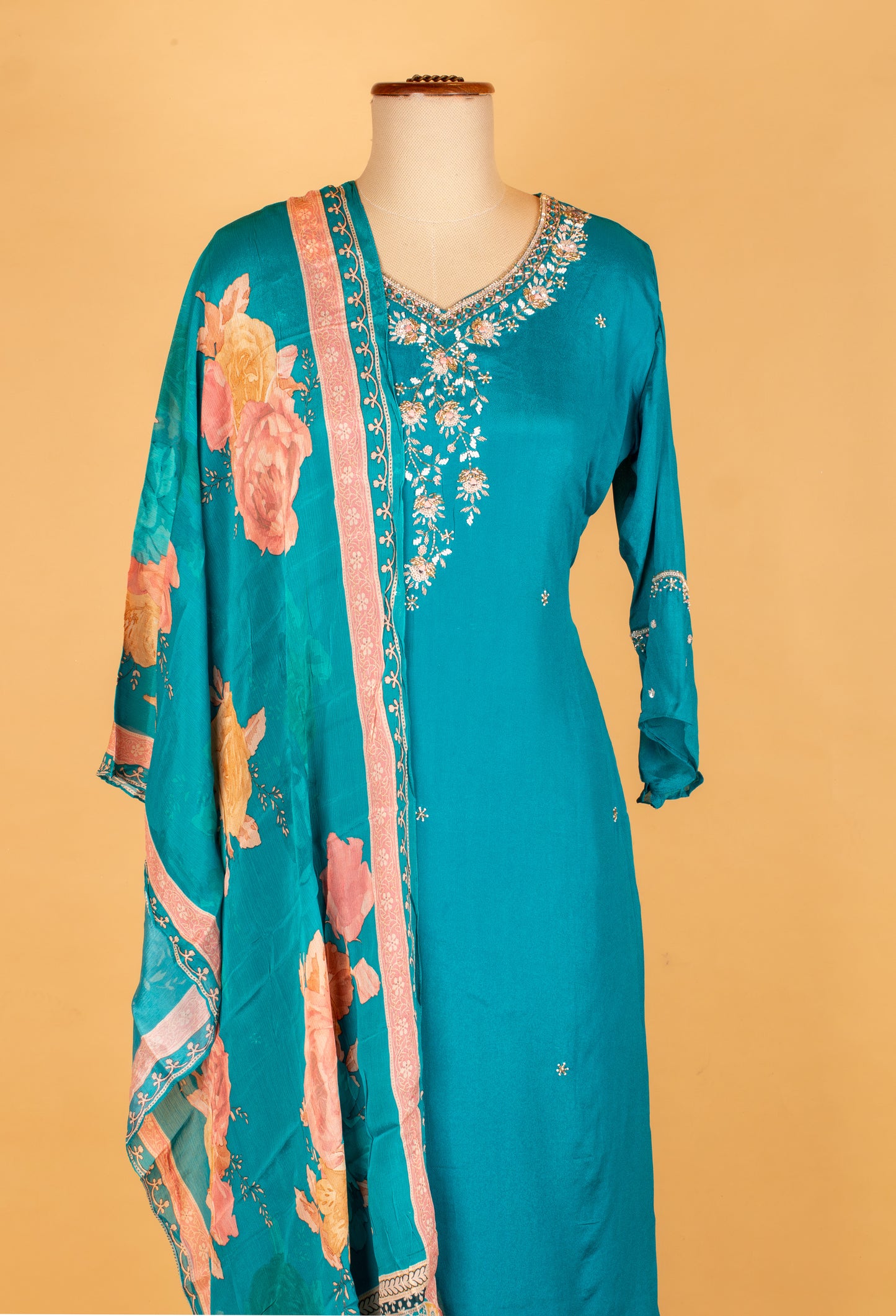 Teal Blue Floral Printed Kurta Pant Set with Embroidered Neckline & Dupatta