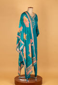 Teal Blue Floral Printed Kurta Pant Set with Embroidered Neckline & Dupatta