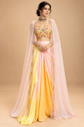Elegant Pastel Peach & Yellow Designer Lehenga Set with Floral Embroidery and Cape Dupatta