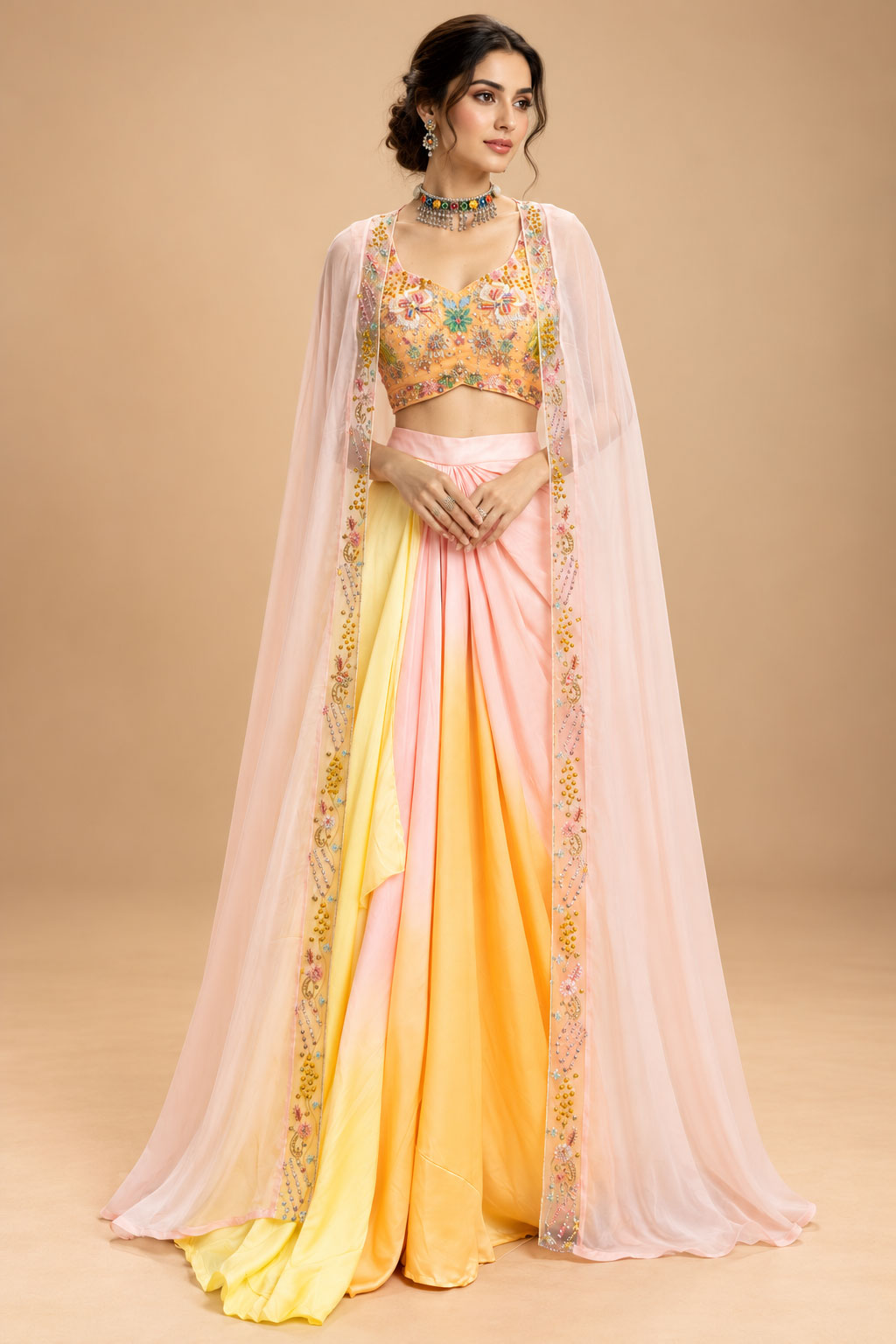 Elegant Pastel Peach & Yellow Designer Lehenga Set with Floral Embroidery and Cape Dupatta