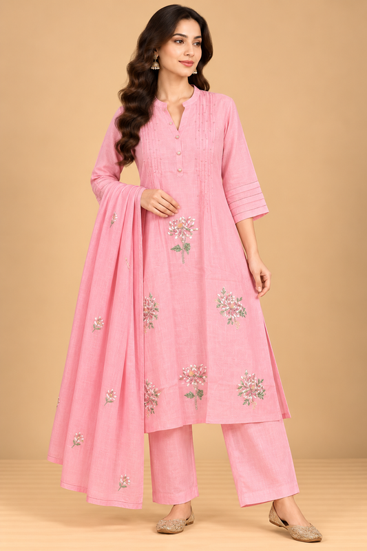 Pastel Pink Floral Embroidered A-Line Kurta Palazzo Set with Dupatta for Women