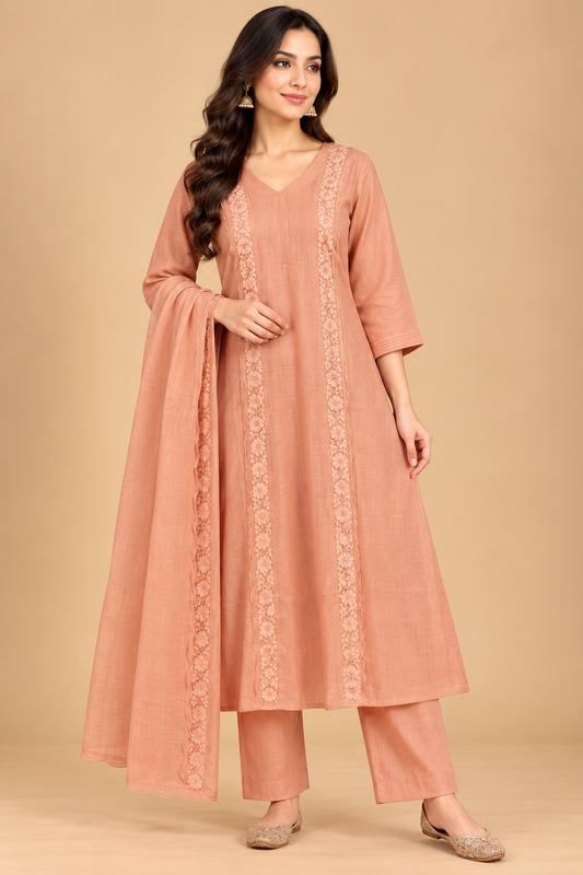 Peach Floral Embroidered A-Line Kurta Set with Matching Pants and Dupatta for Women