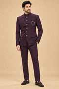 Men’s Plum Embroidered Indo-Western Bandhgala Suit with Matching Trousers