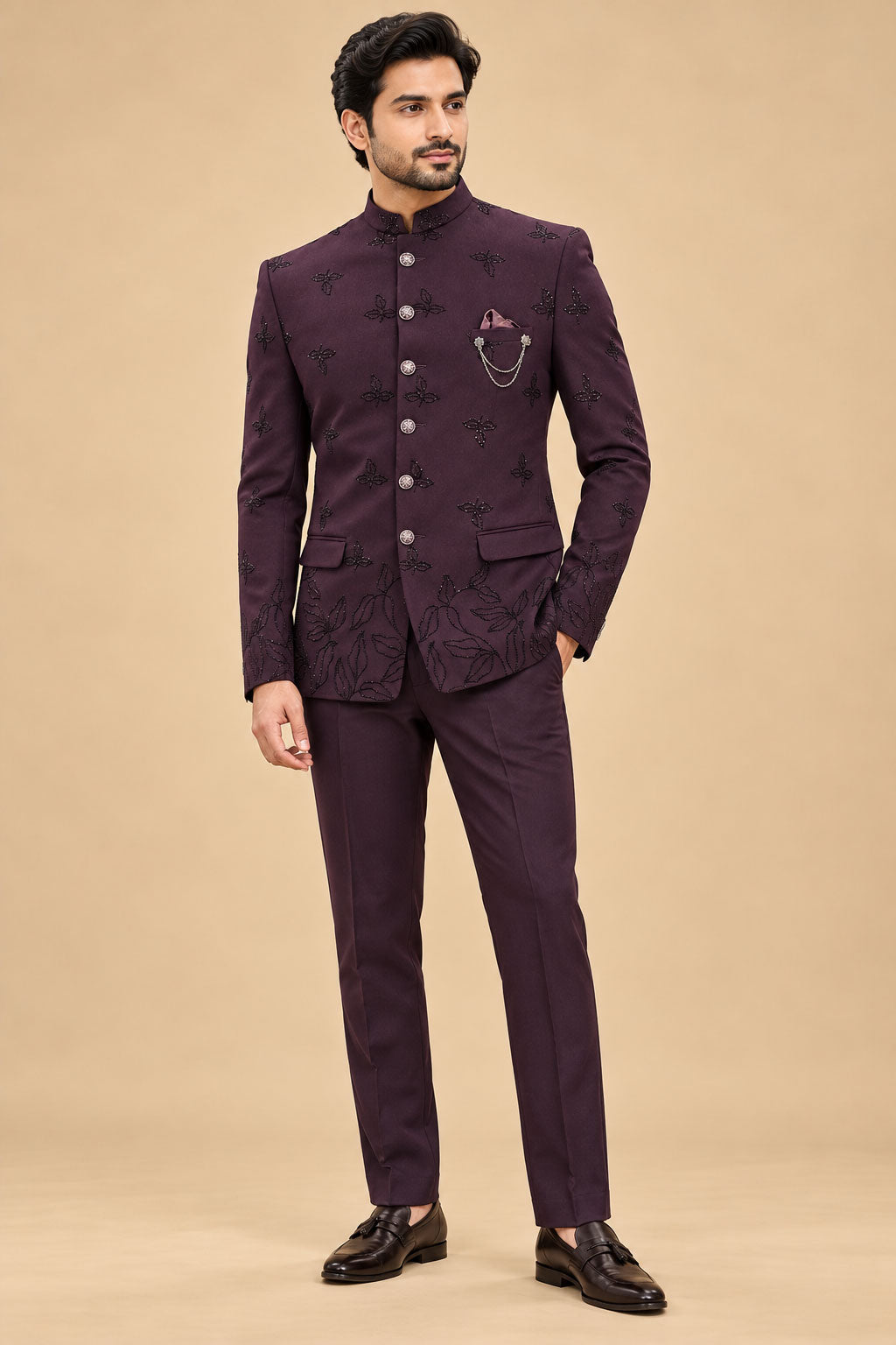 Men’s Plum Embroidered Indo-Western Bandhgala Suit with Matching Trousers