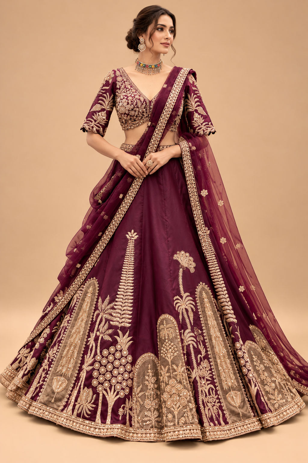Premium Wine Plum Bridal Lehenga with Intricate Gold Embroidery, Designer Blouse and Embellished Dupatta