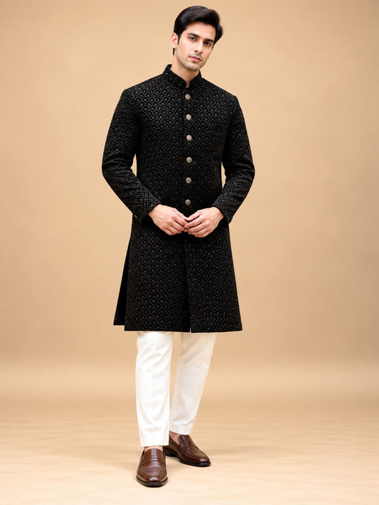 Men’s Classic Black Textured Sherwani with Ivory White Trousers – product view 1