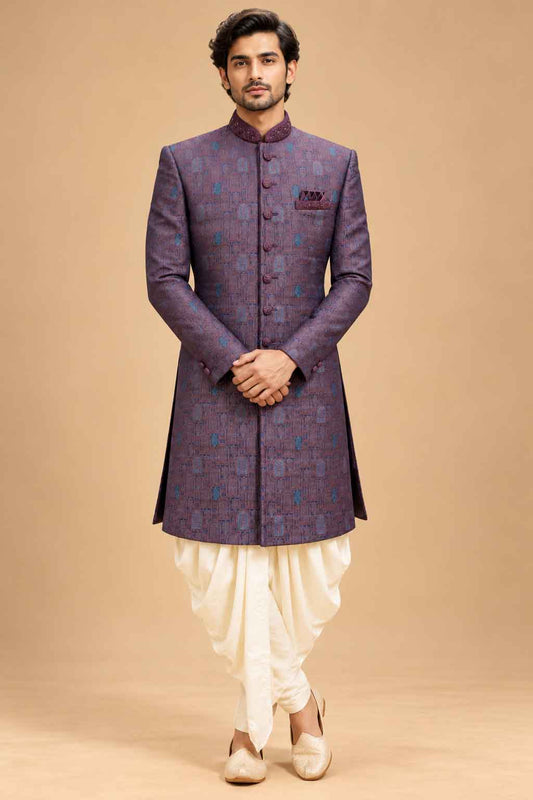 Plum Textured Sherwani with Ivory Dhoti for Men – product image 1