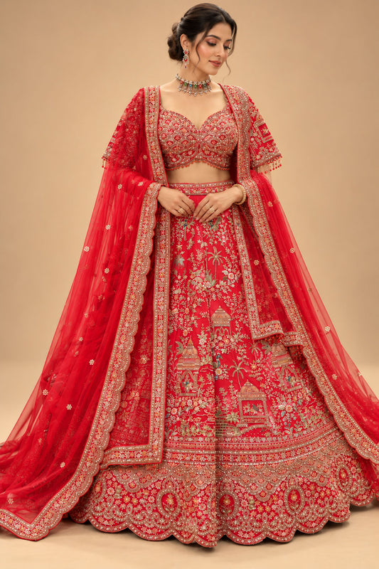 Premium Royal Red Bridal Lehenga with Gold Floral and Heritage Motif Embroidery – product view 1