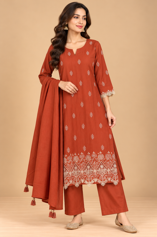 Rust Orange Embroidered Straight Kurta Palazzo Set with Dupatta for Women